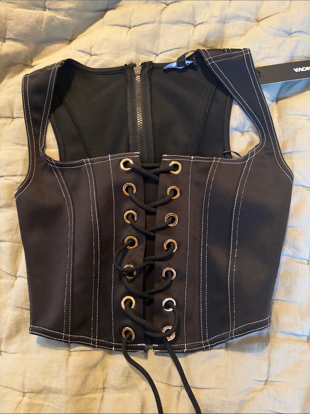 NWT Black Lace-Up Corset Top with White Stitching